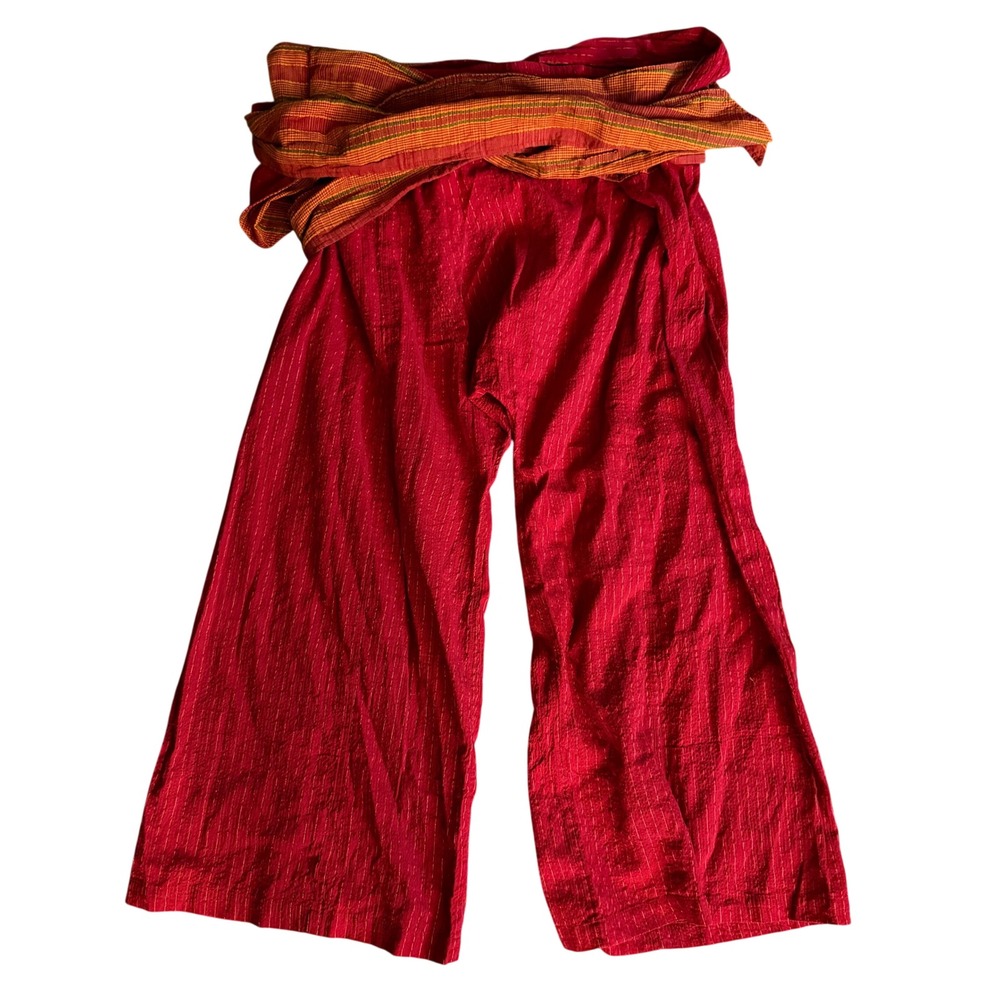 Paul Ropp Thai Fisherman Wrap Pants Unisex Size 4 Red Cotton Excellent Striped